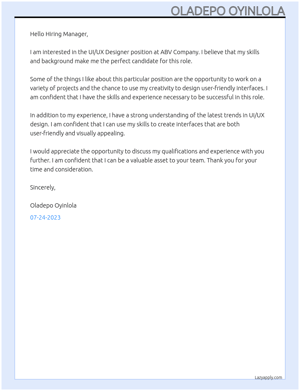 ui/ux designer At abv company Cover Letter