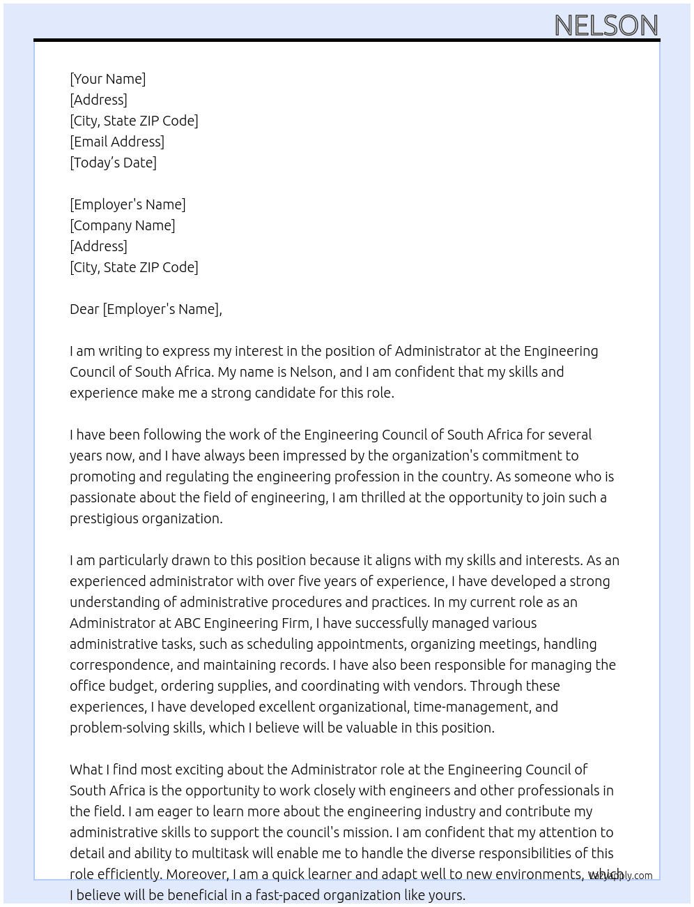 Administrator At Engineering Council of South Africa Cover Letter