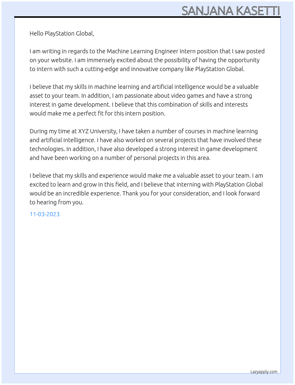 Software Engineer Intern At PlayStation Global Cover Letter