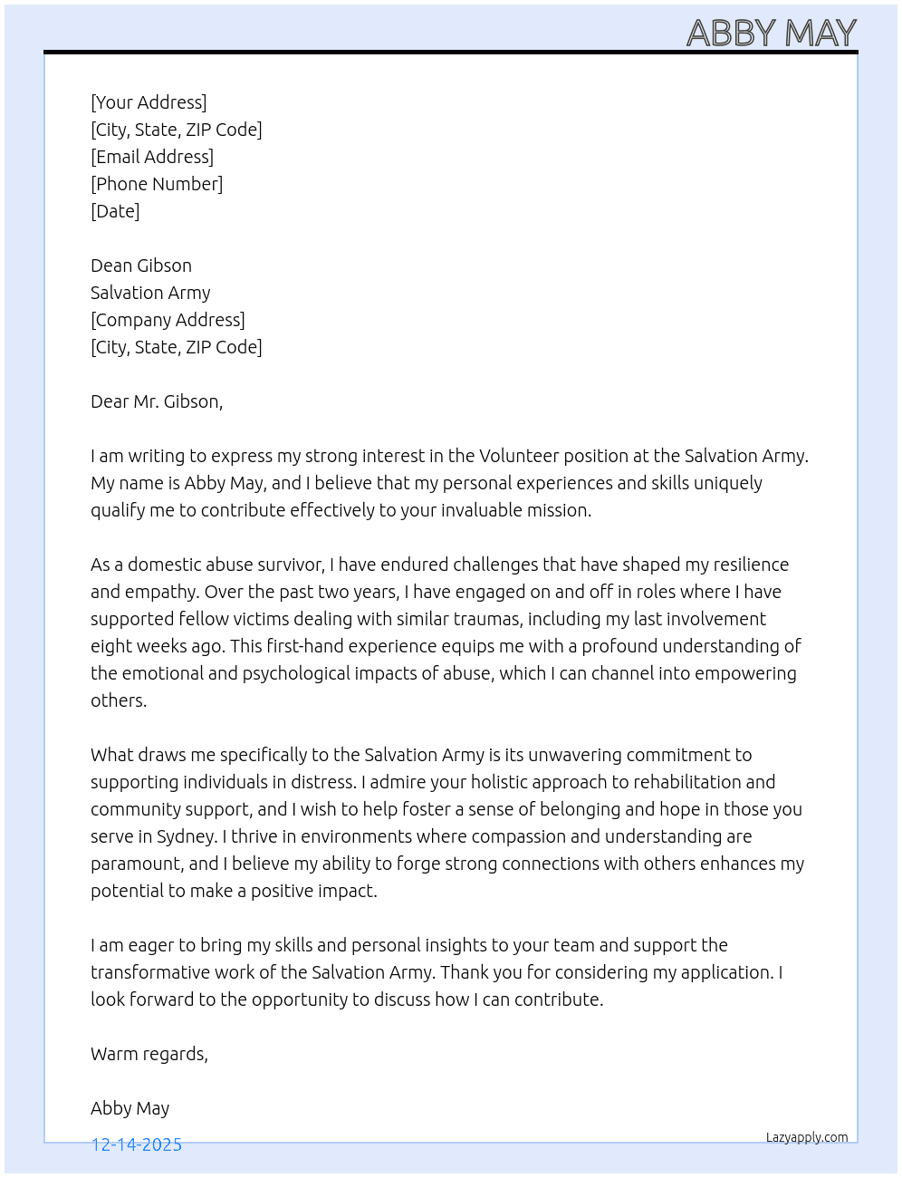 Volunteer Salvation Army  At Dean gibson Cover Letter