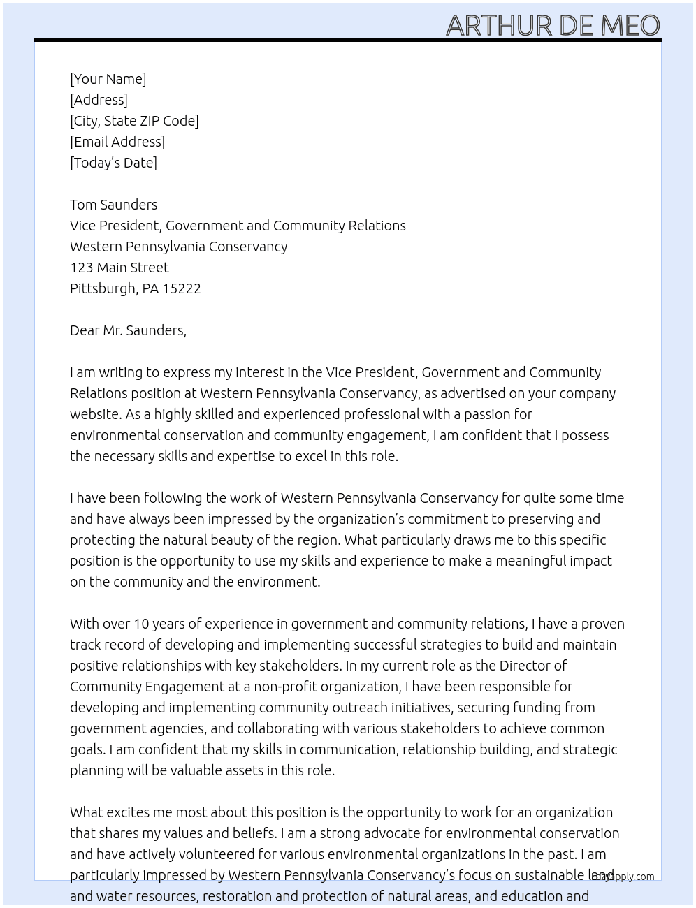 Vice President, Government and Community Relations At Western Pennsylvania Conservancy Cover Letter