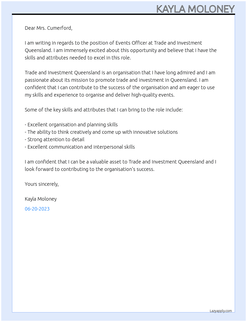 Events Officer At Trade and Investment Queensland Cover Letter