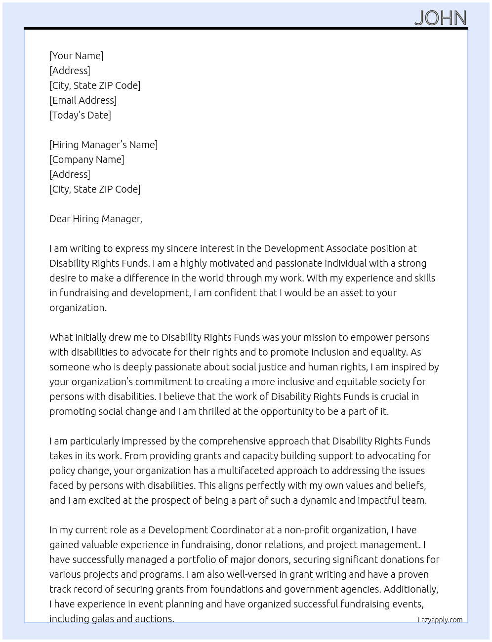 development associate  At Disability Rights Funds  Cover Letter