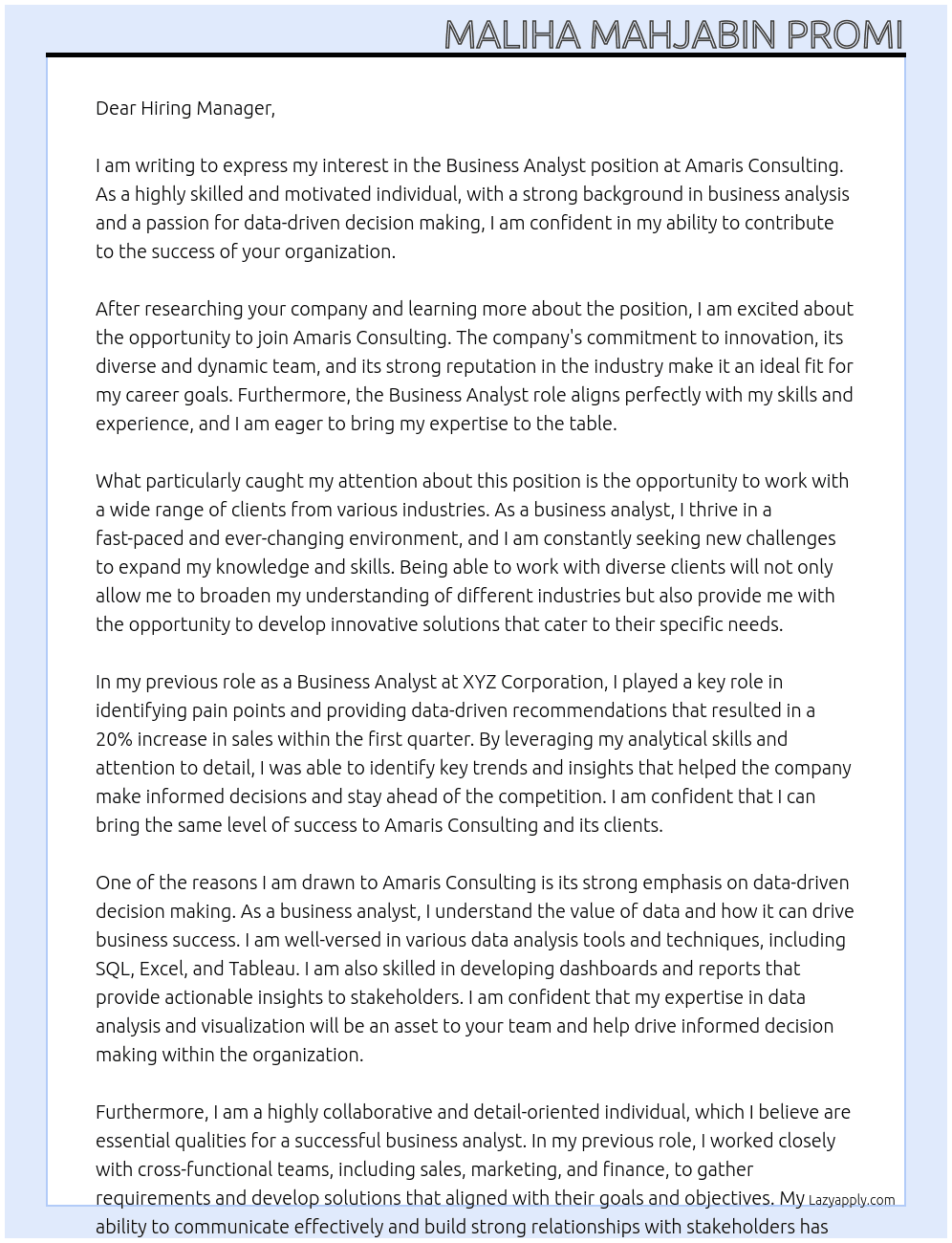Business Analyst At Amaris Consulting Cover Letter