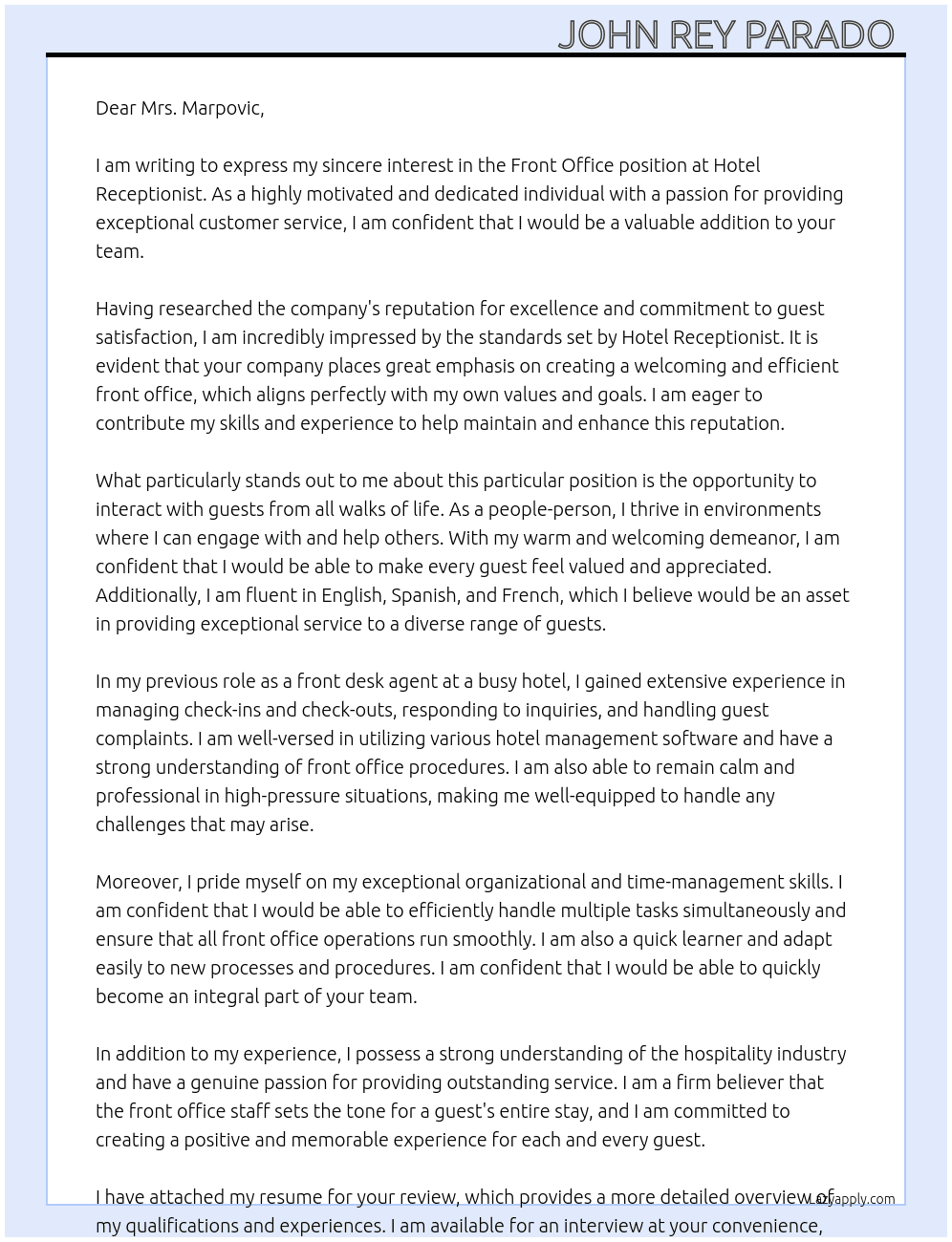 Front Office  At Hotel Receptionist  Cover Letter