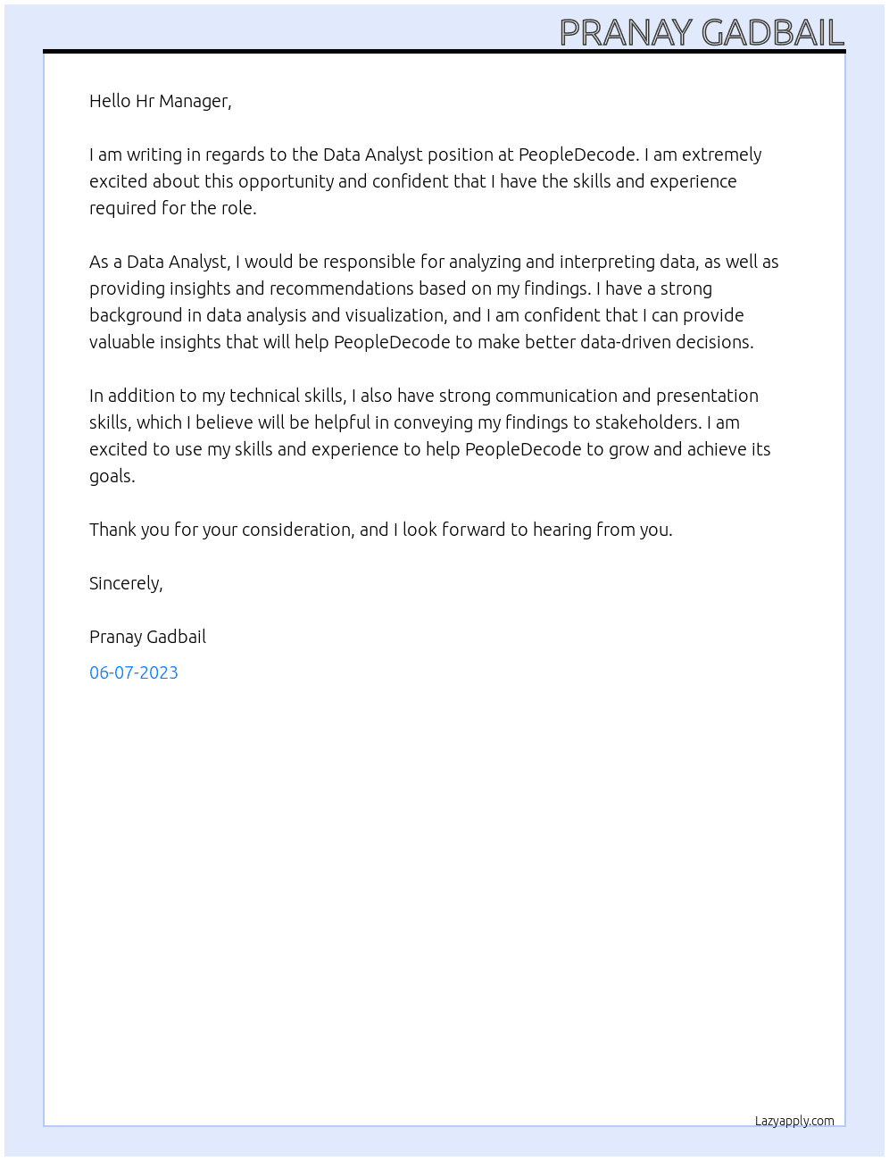 Data Analyst At PeopleDecode Cover Letter