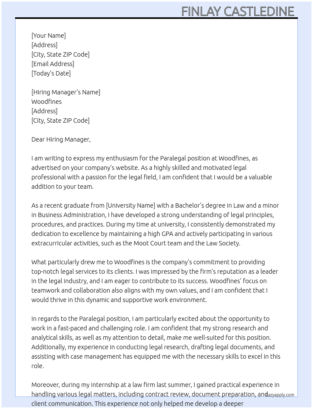 Paralegal  At Woodfines Cover Letter