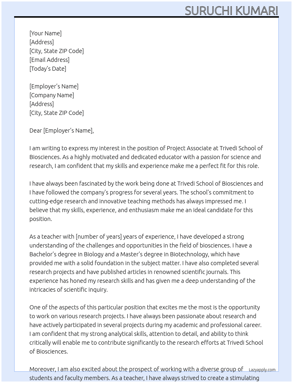 Project associate At Trivedi school of Biosciences Cover Letter