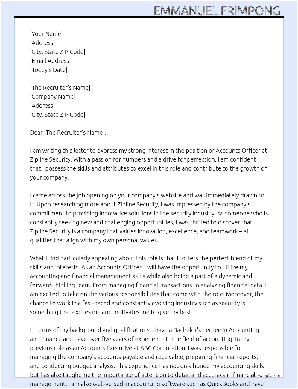 Accounts officer  At Zipline Security  Cover Letter