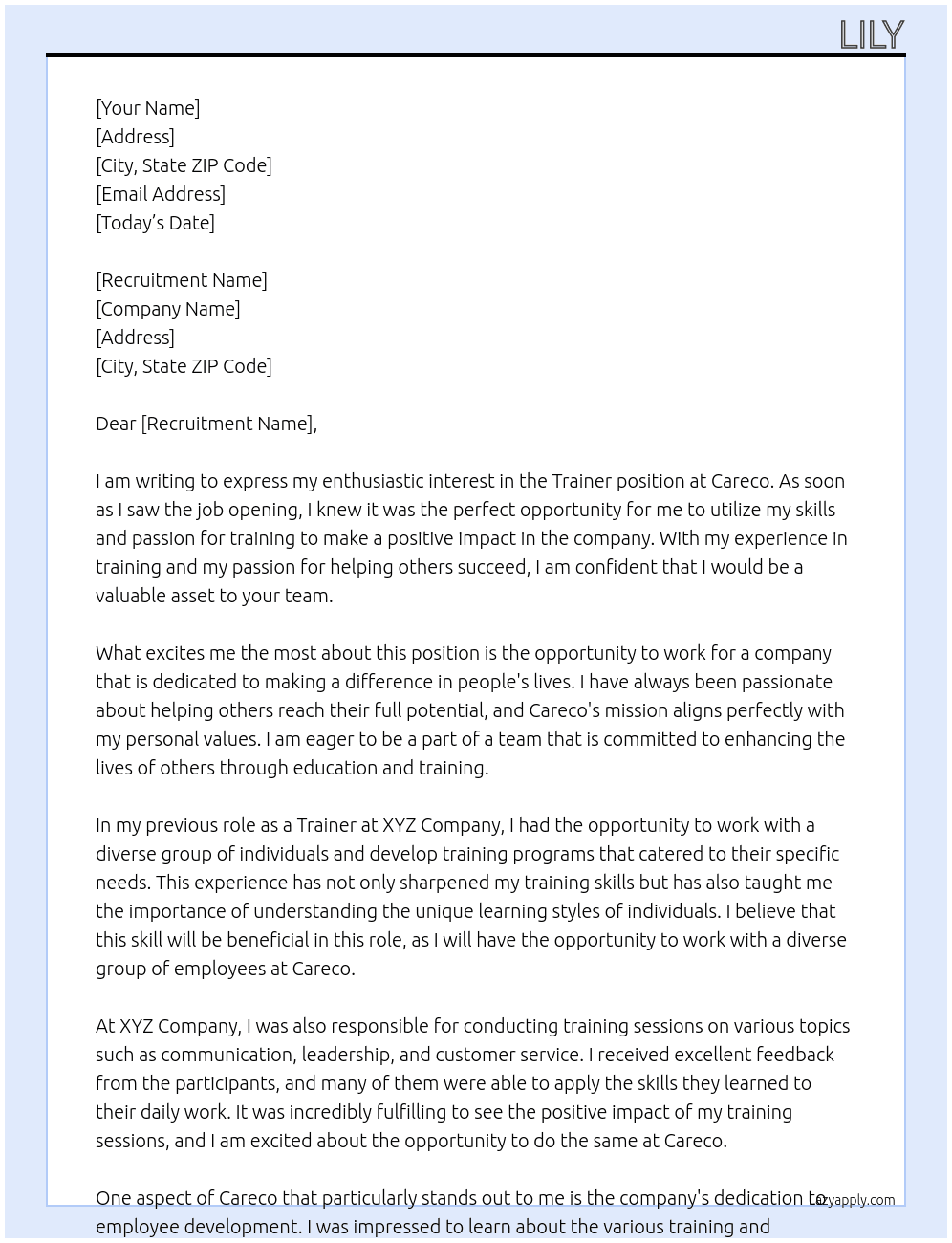 Trainer  At Careco Cover Letter