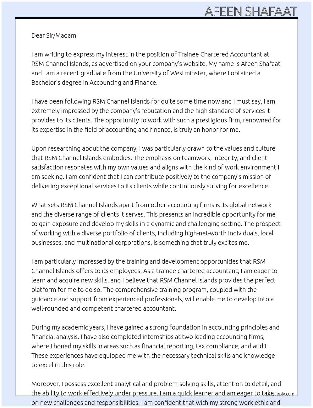 Trainee Chartered Accountant At RSM Channel Islands Cover Letter