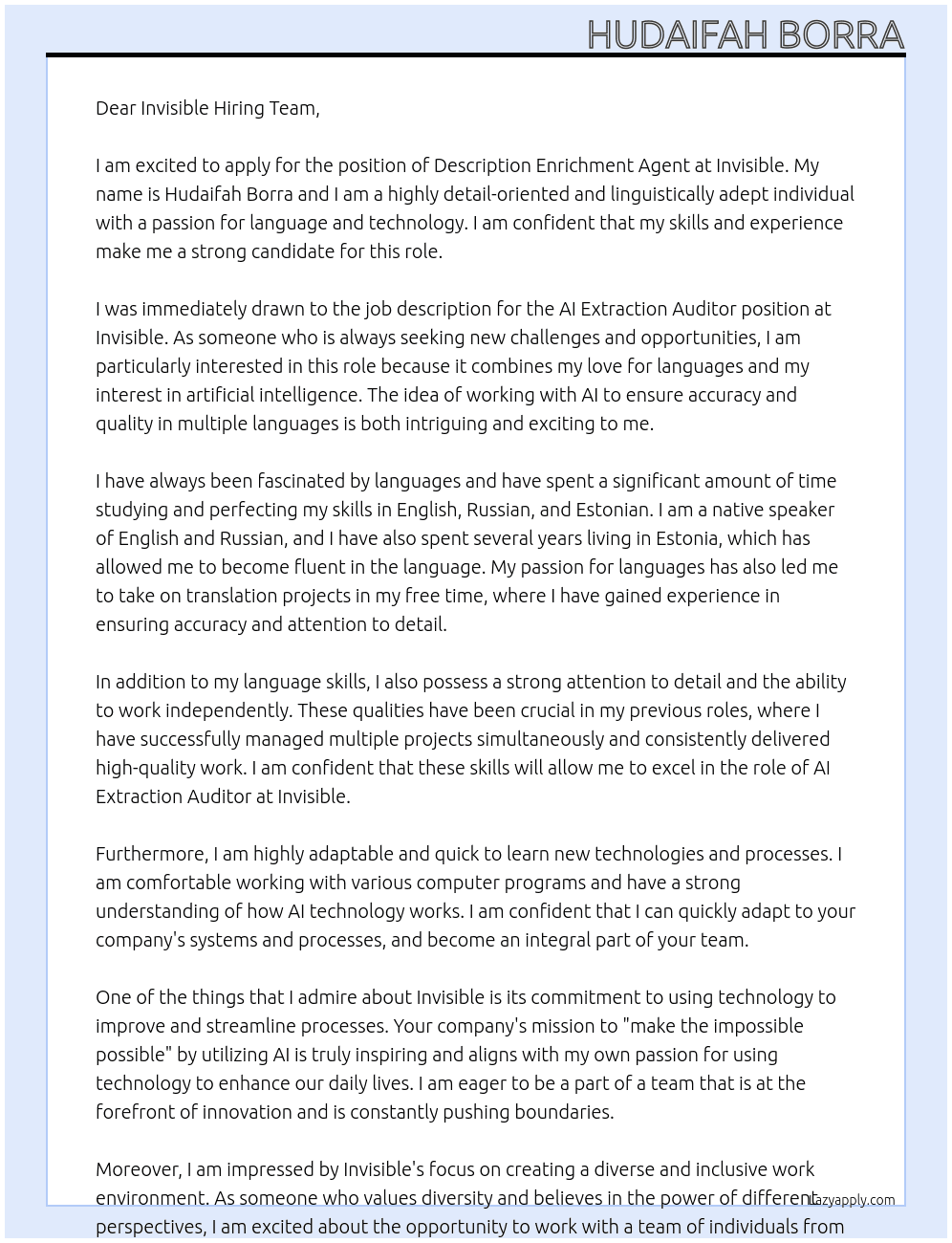 Description Enrichment Agent At Insvisible Cover Letter