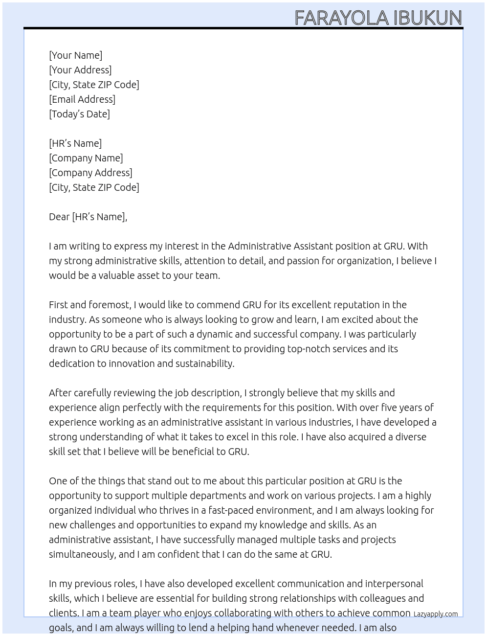 administrative assistant At gru Cover Letter