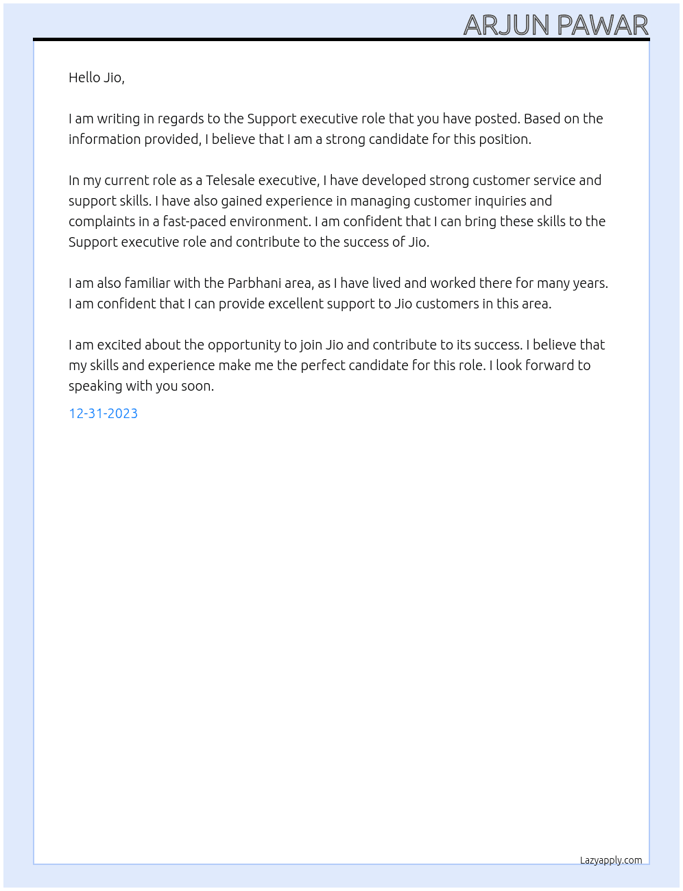 Support executive At Jio Cover Letter