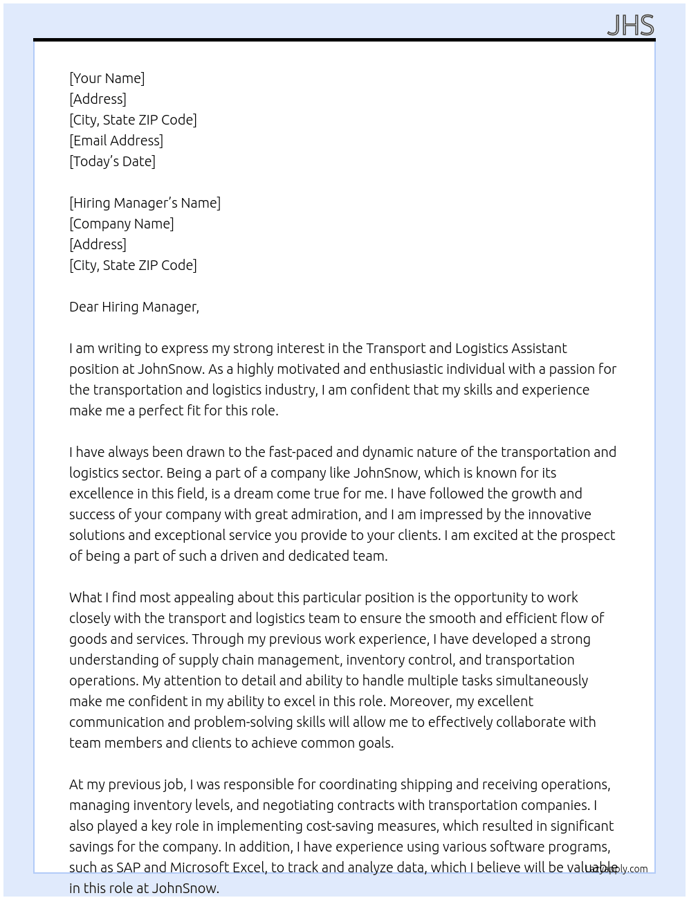 Transport and logistics assistant  At JohnSnow Cover Letter