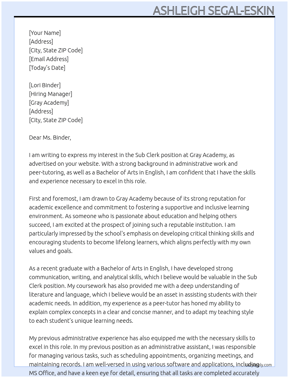 Sub Clerk At Gray Academy Cover Letter
