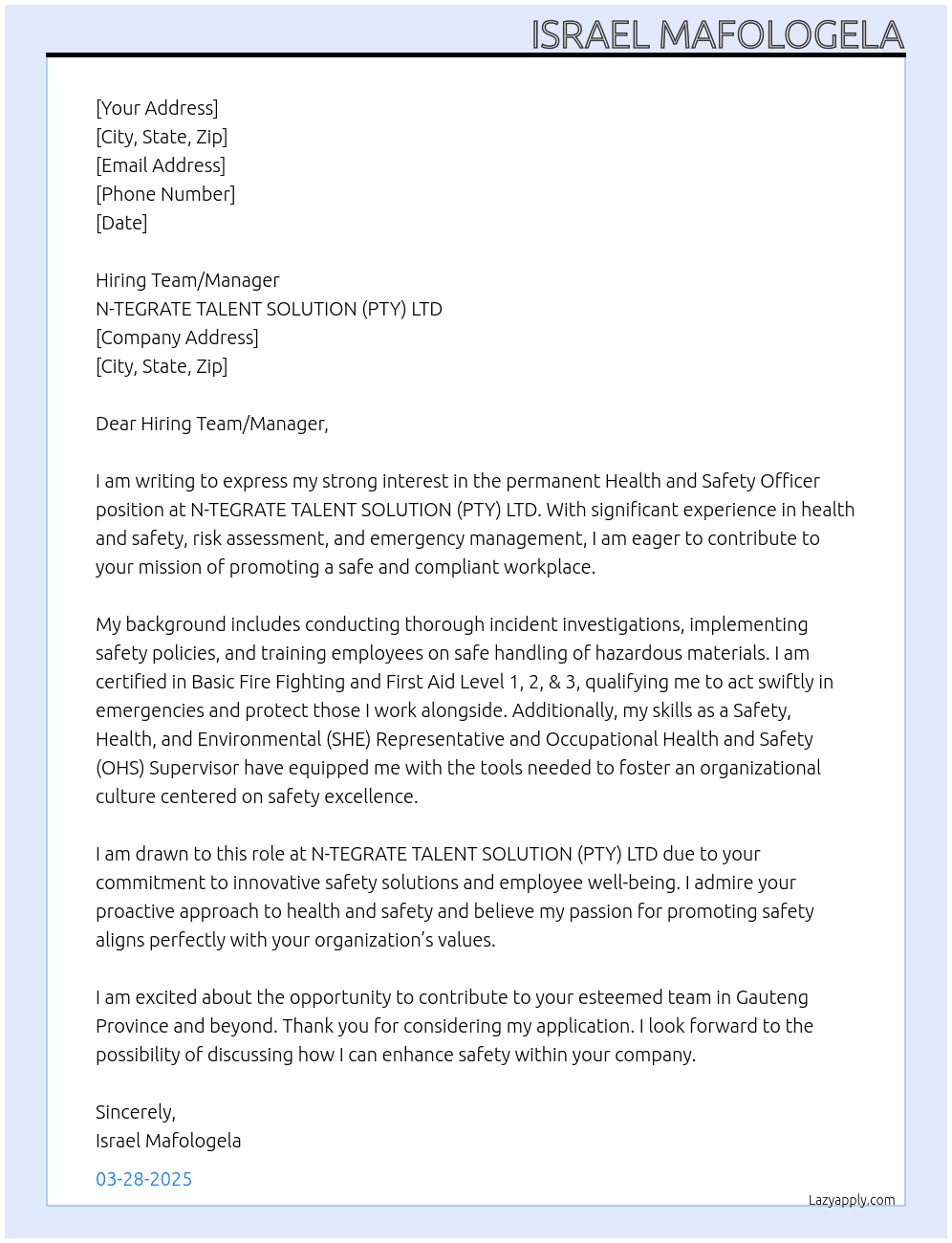 Health and Safety Officer,  At N- TEGRATE TALENT SOLUTION (PTY) LTD Cover Letter