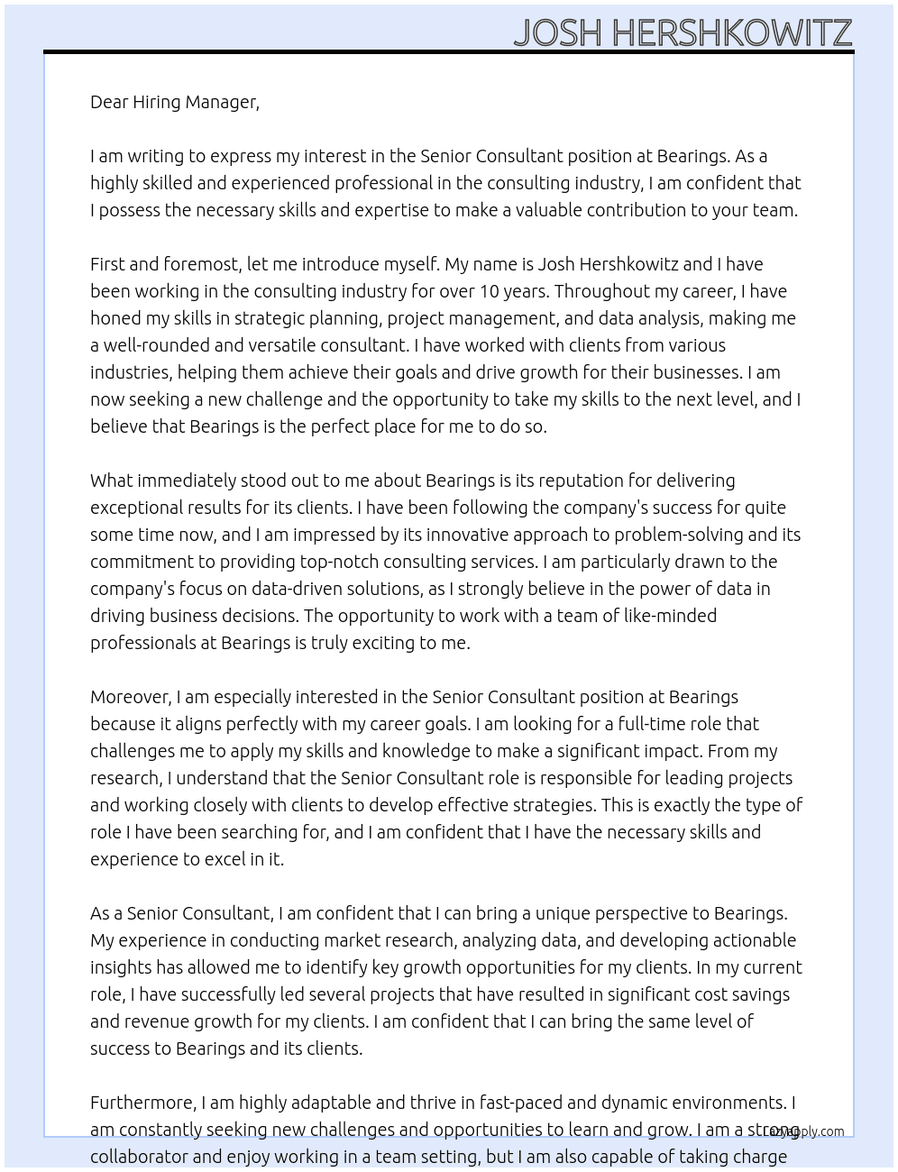 Senior Consultant At Bearings Cover Letter