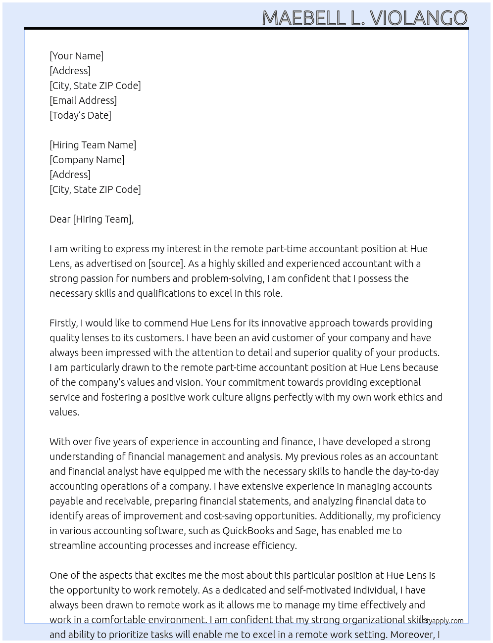 remote Part time Accountant At Hue Lens Cover Letter