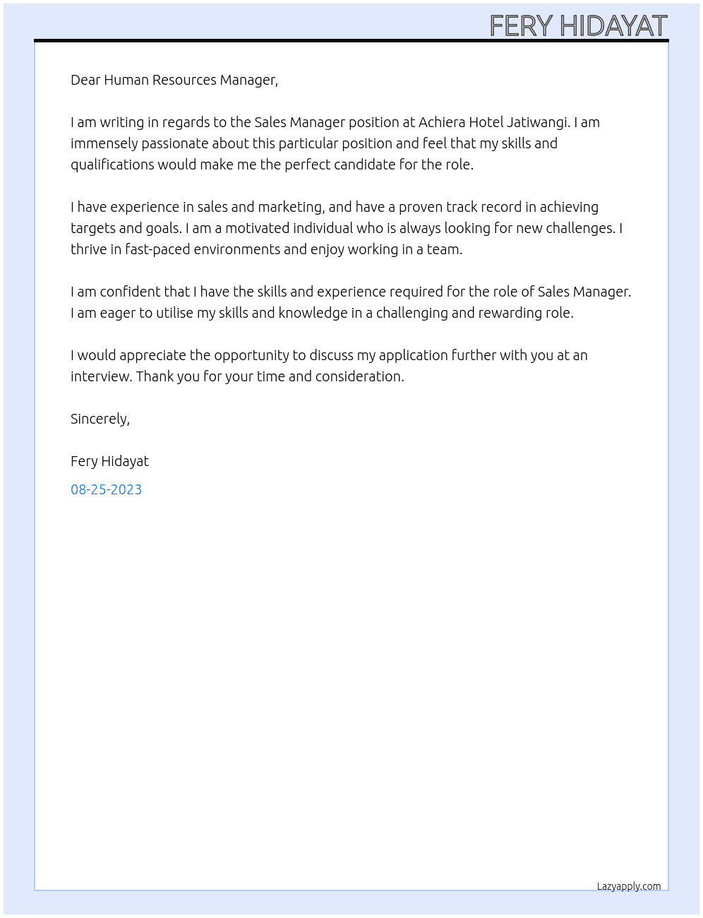 sales manager At Achiera Hotel Jatiwangi Cover Letter