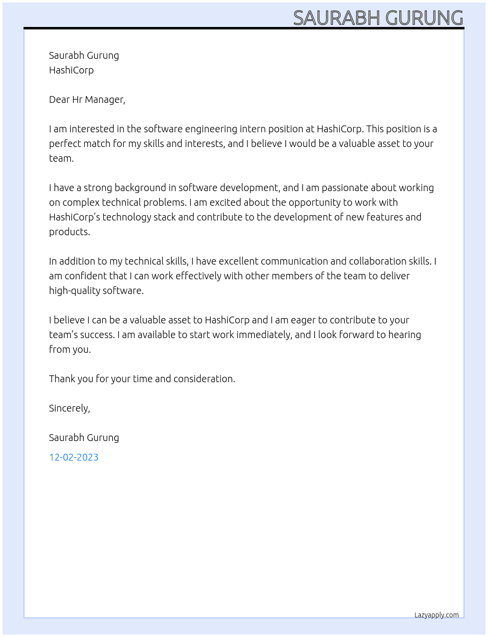 Softwere Engineering Intern At HashiCorp Cover Letter