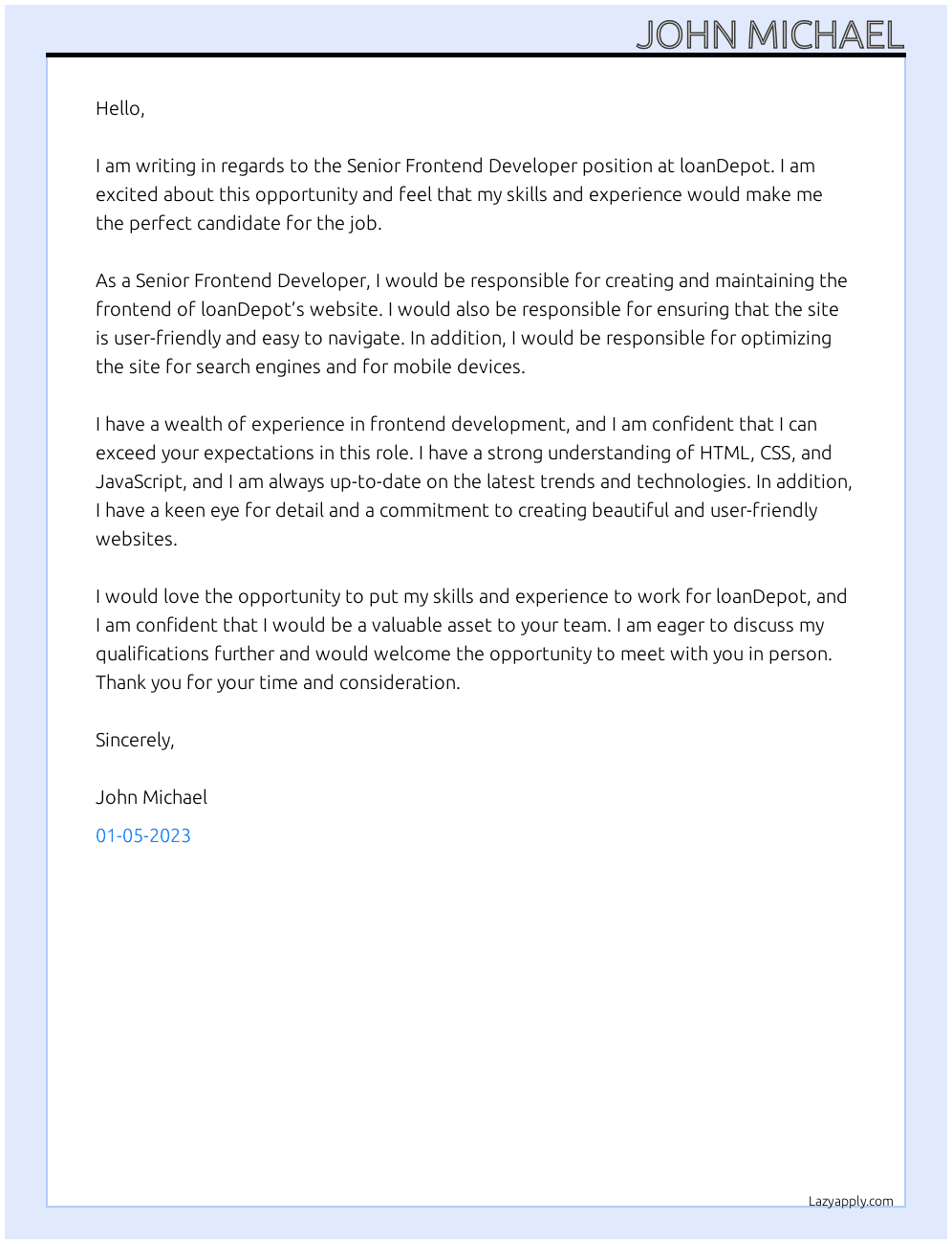 Senior Frontend Developer At loanDepot Cover Letter