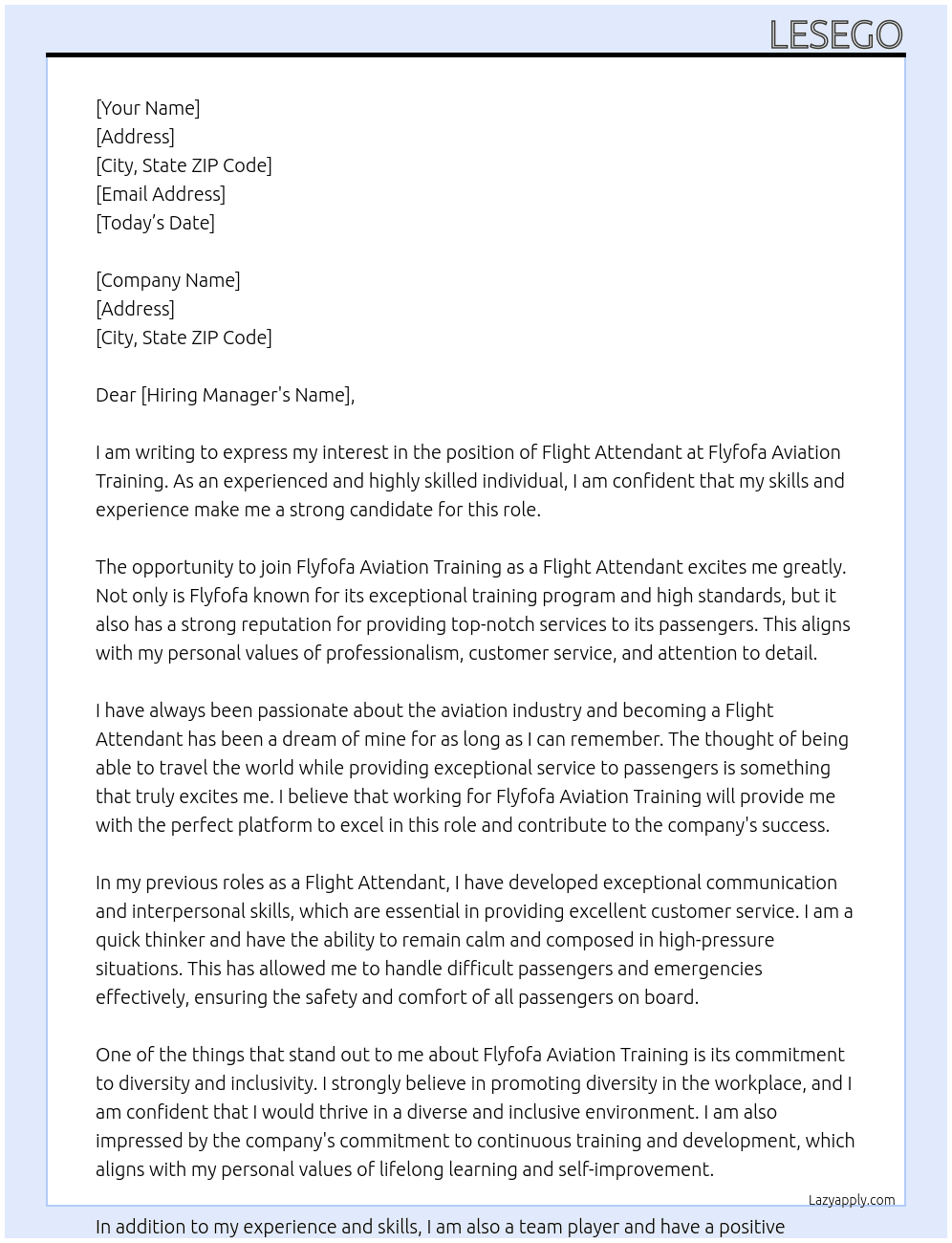 Flight attendant At Flyfofa Aviation Training Cover Letter