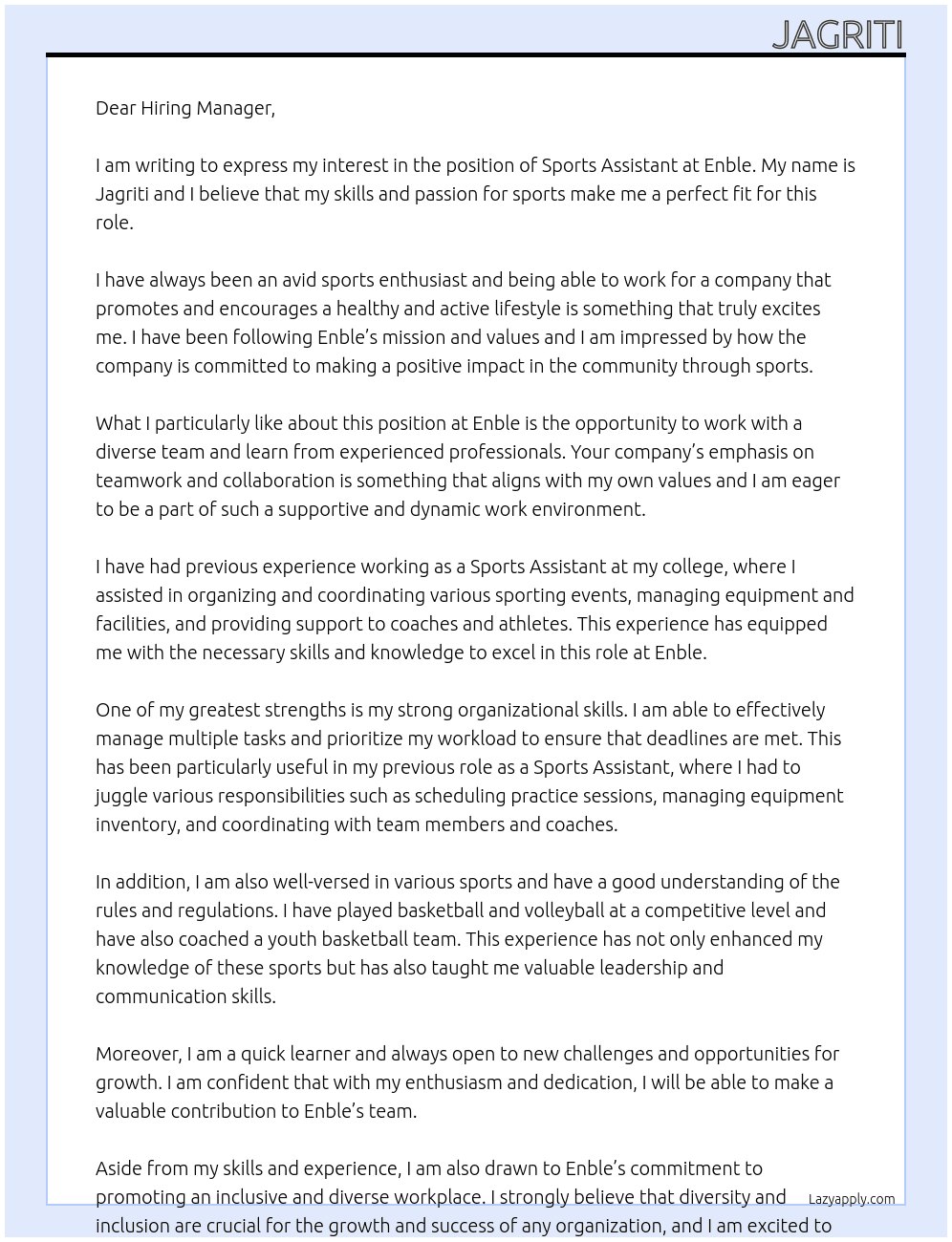 Sports Assistant  At Enble  Cover Letter