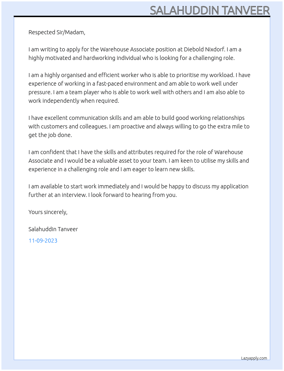 Warehouse Associate At Diebold Nixdorf  Cover Letter
