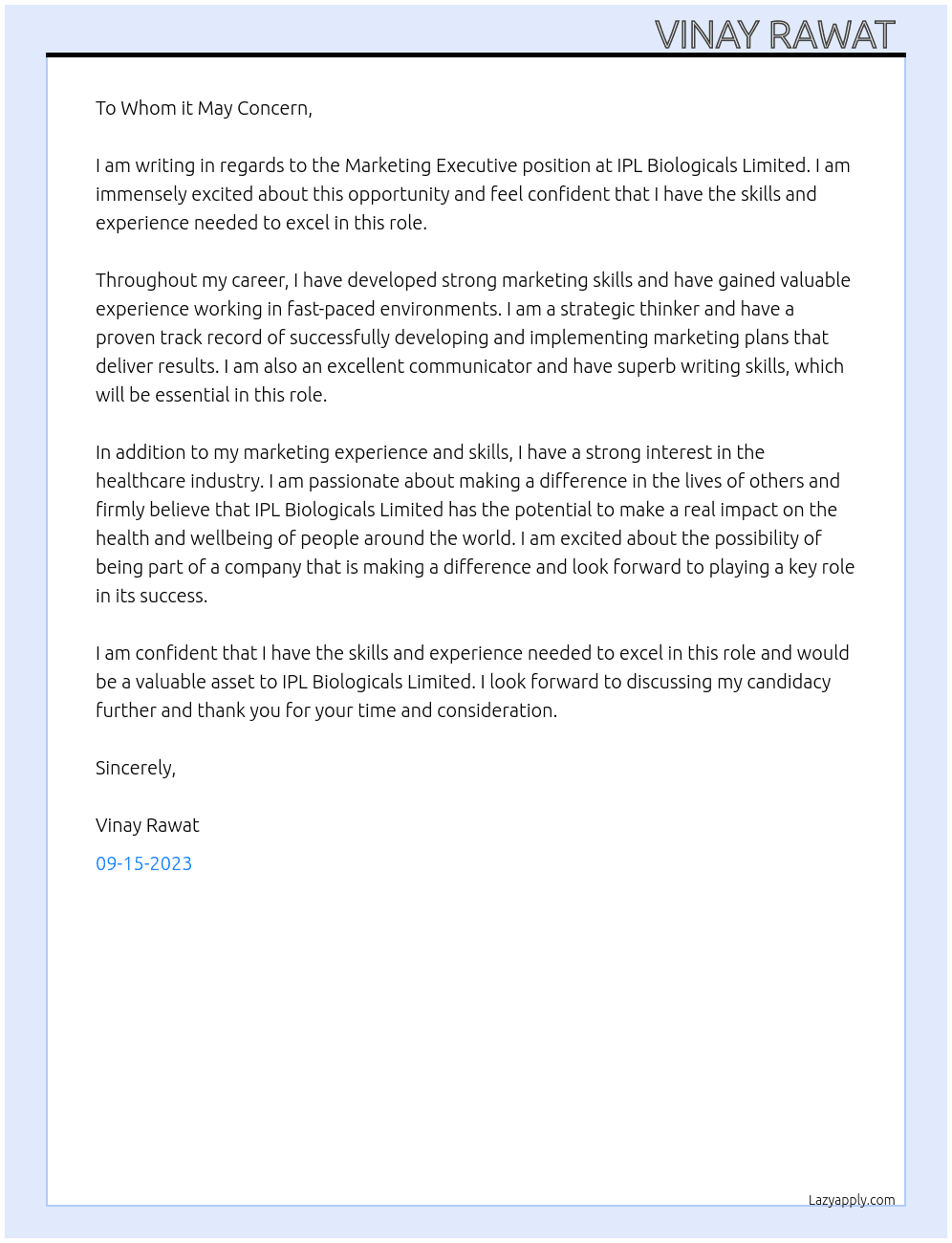 Marketing executive  At IPL Biologicals Limited  Cover Letter