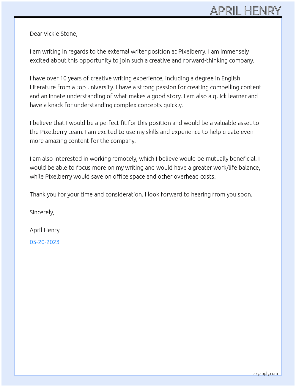 external writer At Pixelberry Cover Letter