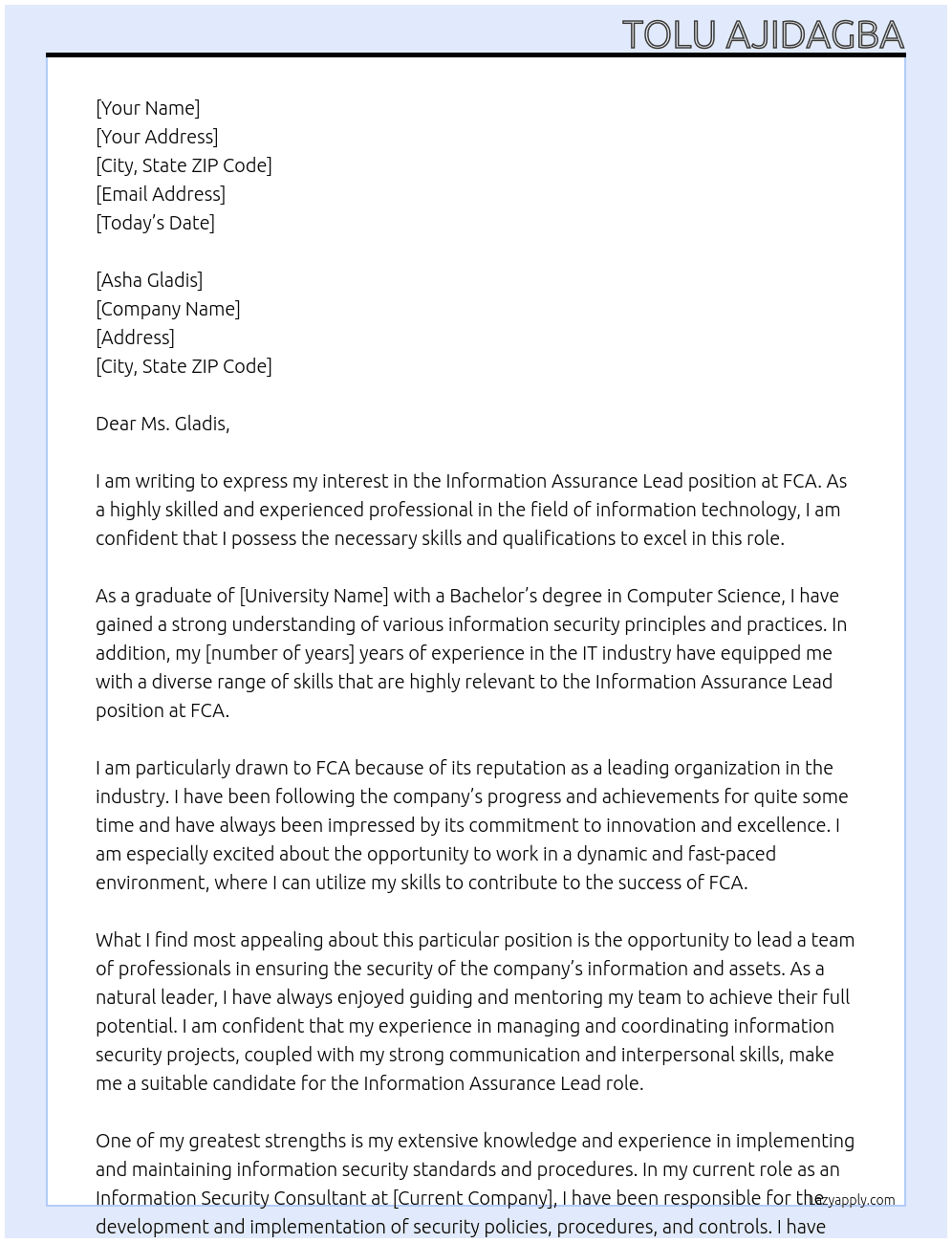 Information Assurance Lead At FCA Cover Letter
