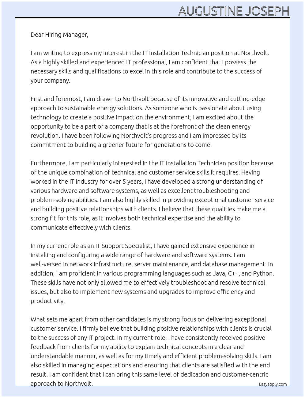 IT Installation Technician At Northvolt Cover Letter