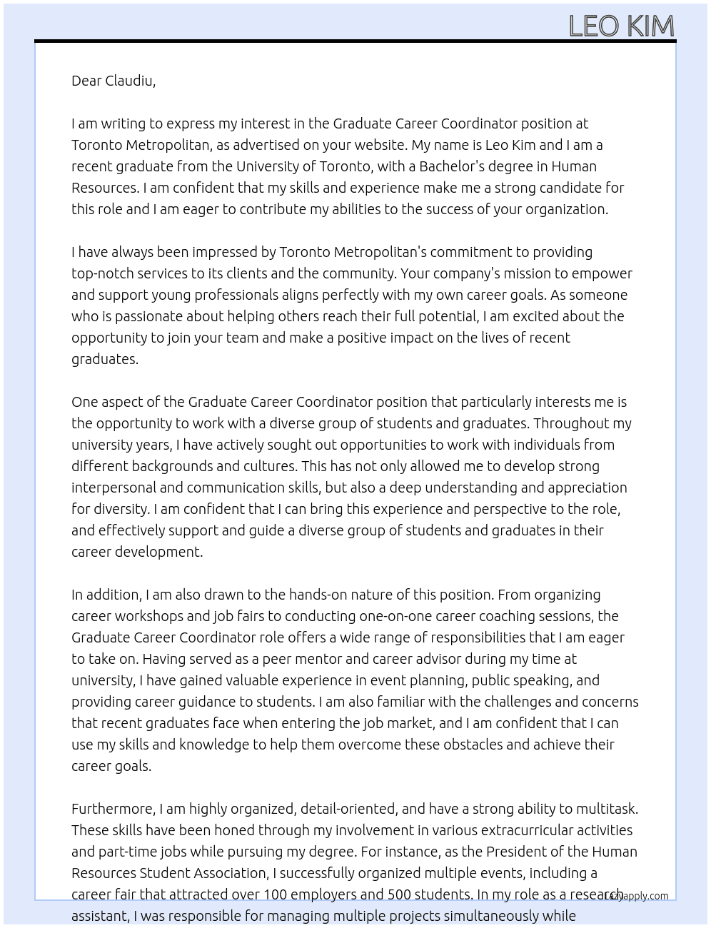 Graduate Career Coordinator position At Toronto Metropolitan Cover Letter