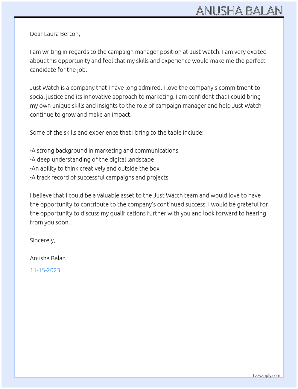 Campaign Manager At JUst Watch Cover Letter