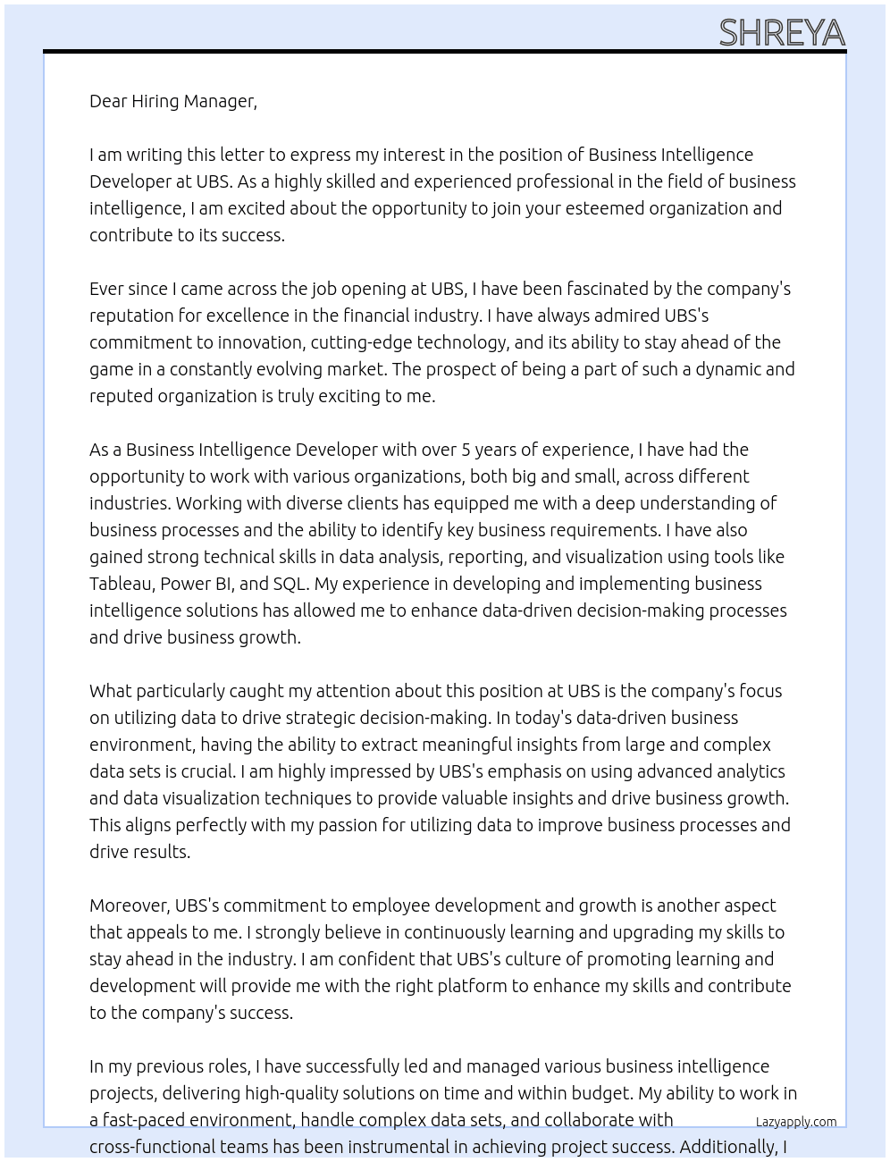 Business Intelligence Developer At UBS Cover Letter