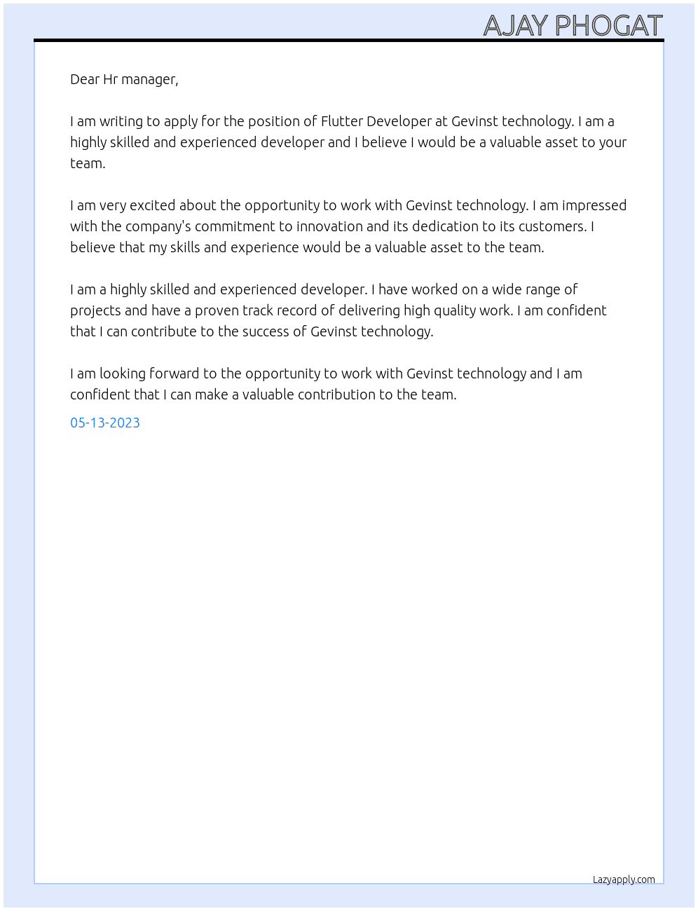 Flutter Developer  At Gevinst technology  Cover Letter