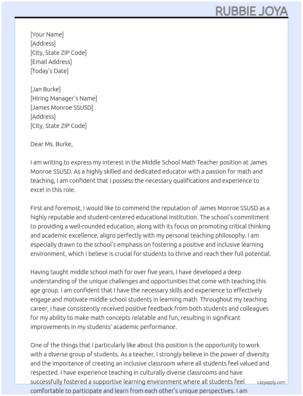 Middle School Math Teacher At James Monroe SSUSD Cover Letter