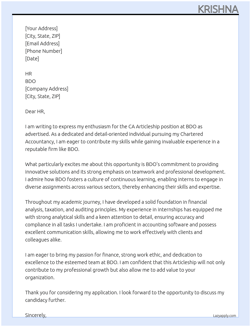 CA  Articleship  At BDO Cover Letter