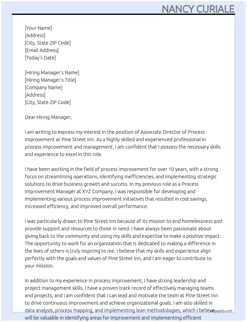 Associate Director of Process Improvement At Pine Street Inn Cover Letter