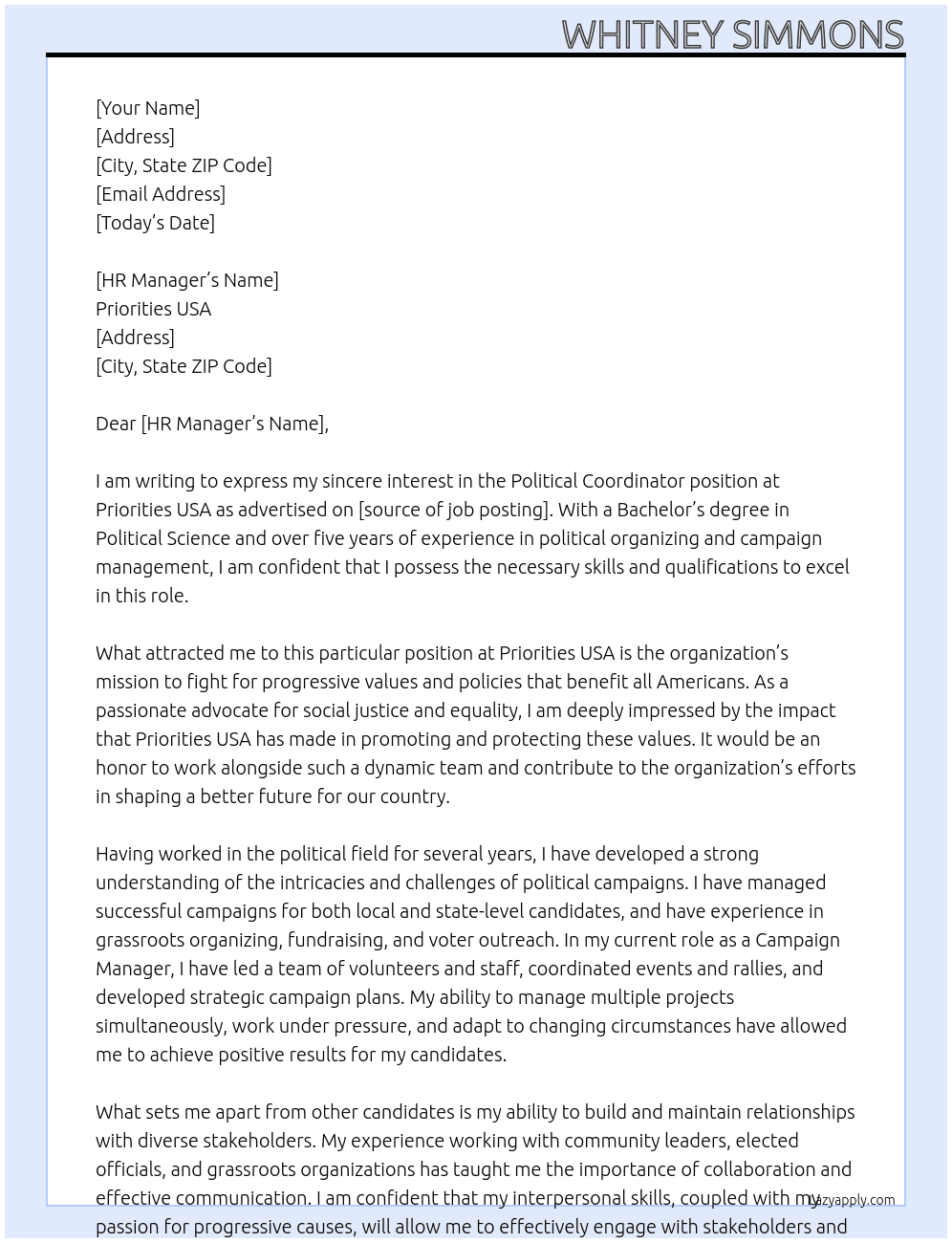 Political Coordinator  At Priorities USA Cover Letter