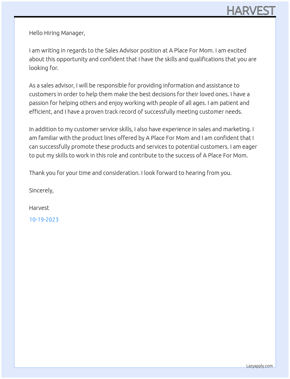 Sales Advisor At A Place For Mom Cover Letter