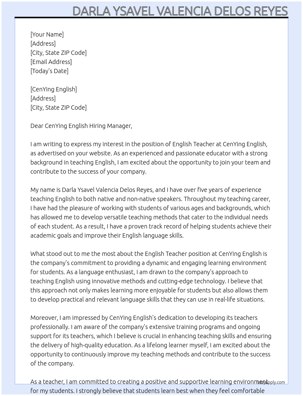 english teacher At CenYing English Cover Letter