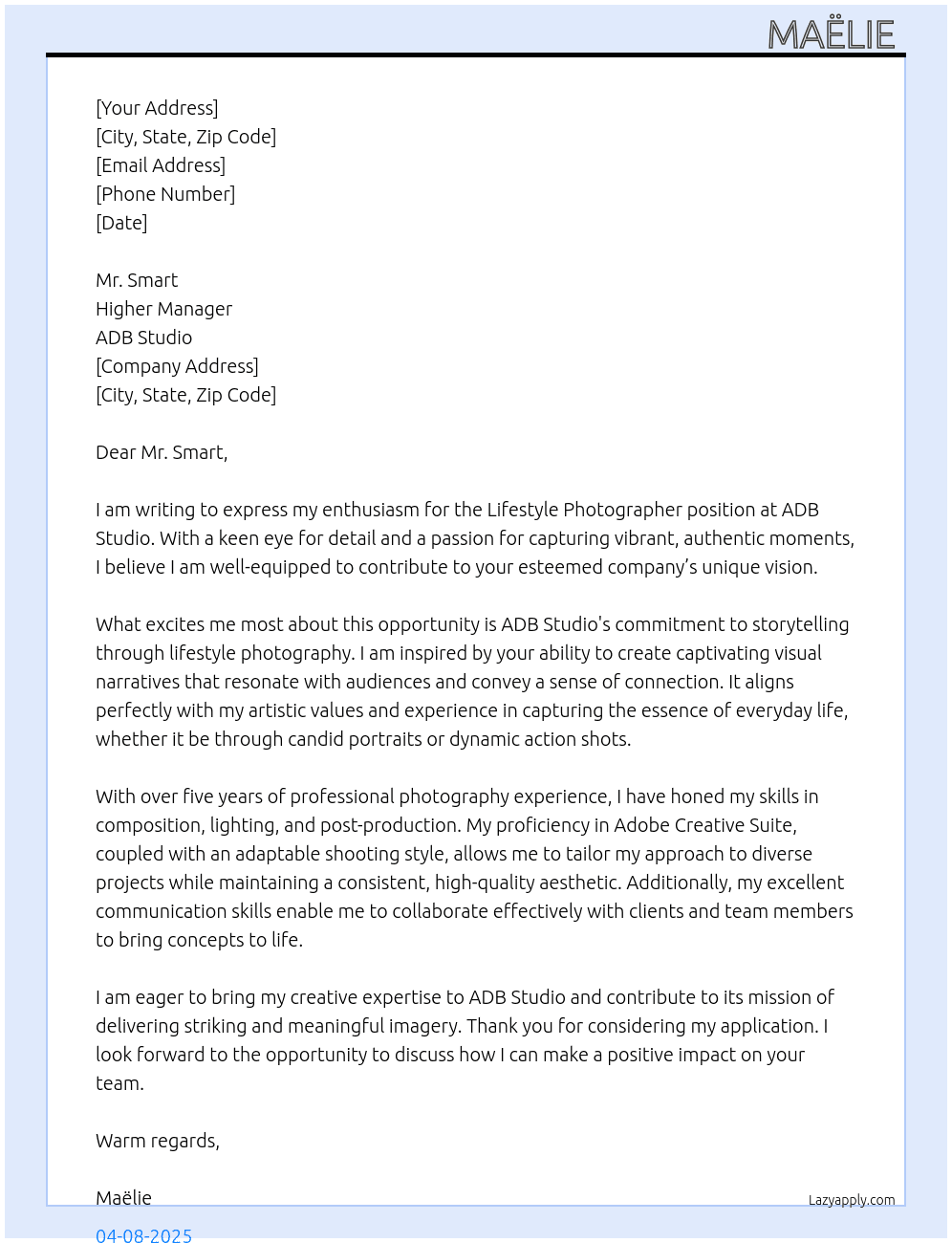 Lifestyle photographer At ADB Studio Cover Letter
