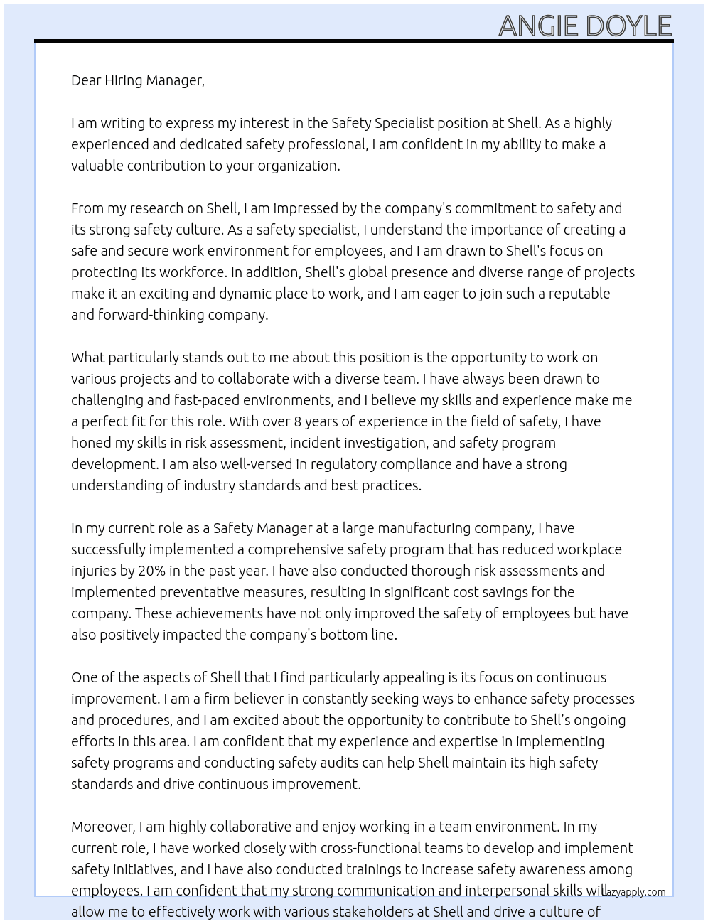 Safety Specialist At Shell Cover Letter
