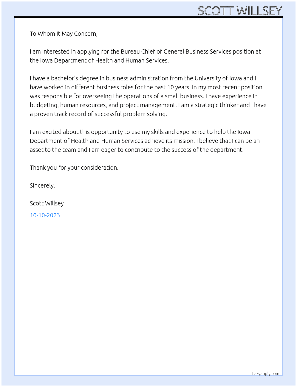 Bureau Chief of General Business Services At Iowa Department of Health and Human Services Cover Letter