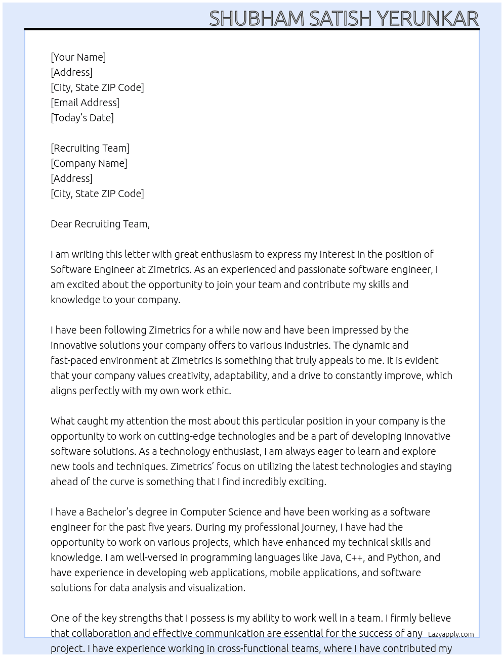 Software Engineer At Zimetrics Cover Letter