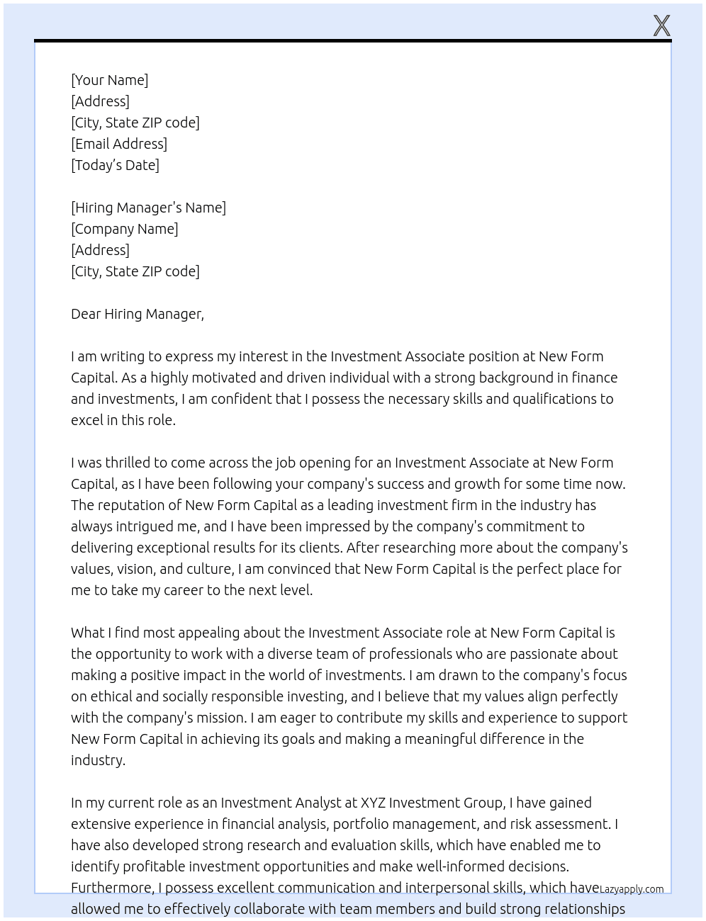 Investment Associate At New Form Capital Cover Letter