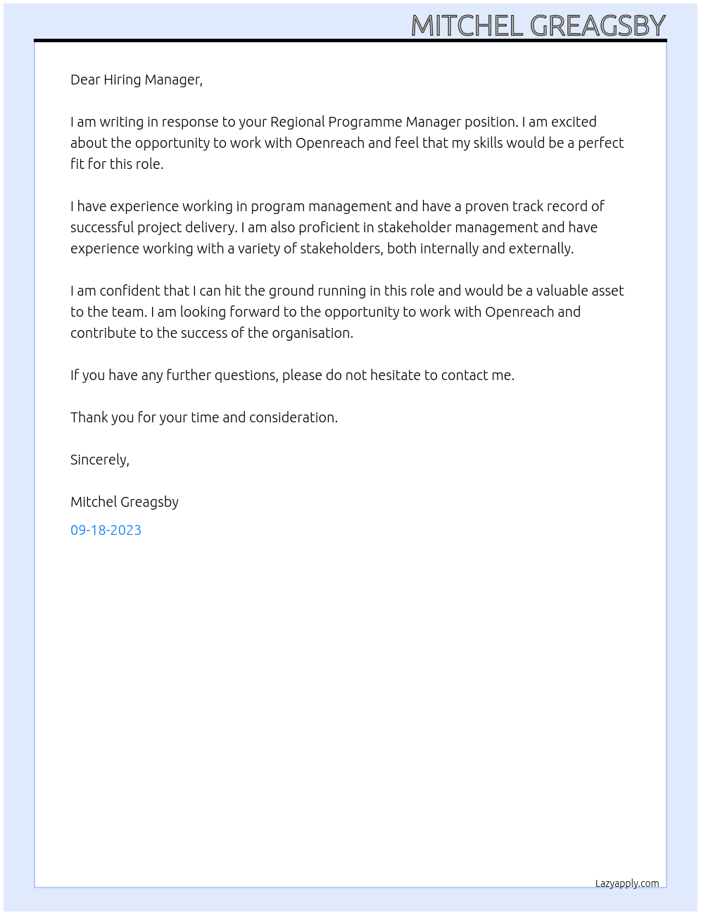 Regional Programme Manager At Openreach Cover Letter