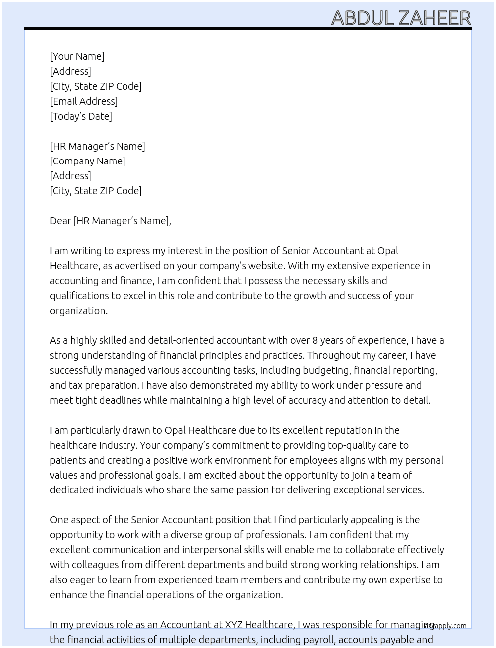 Senior Accountant At Opal Healthcare Cover Letter